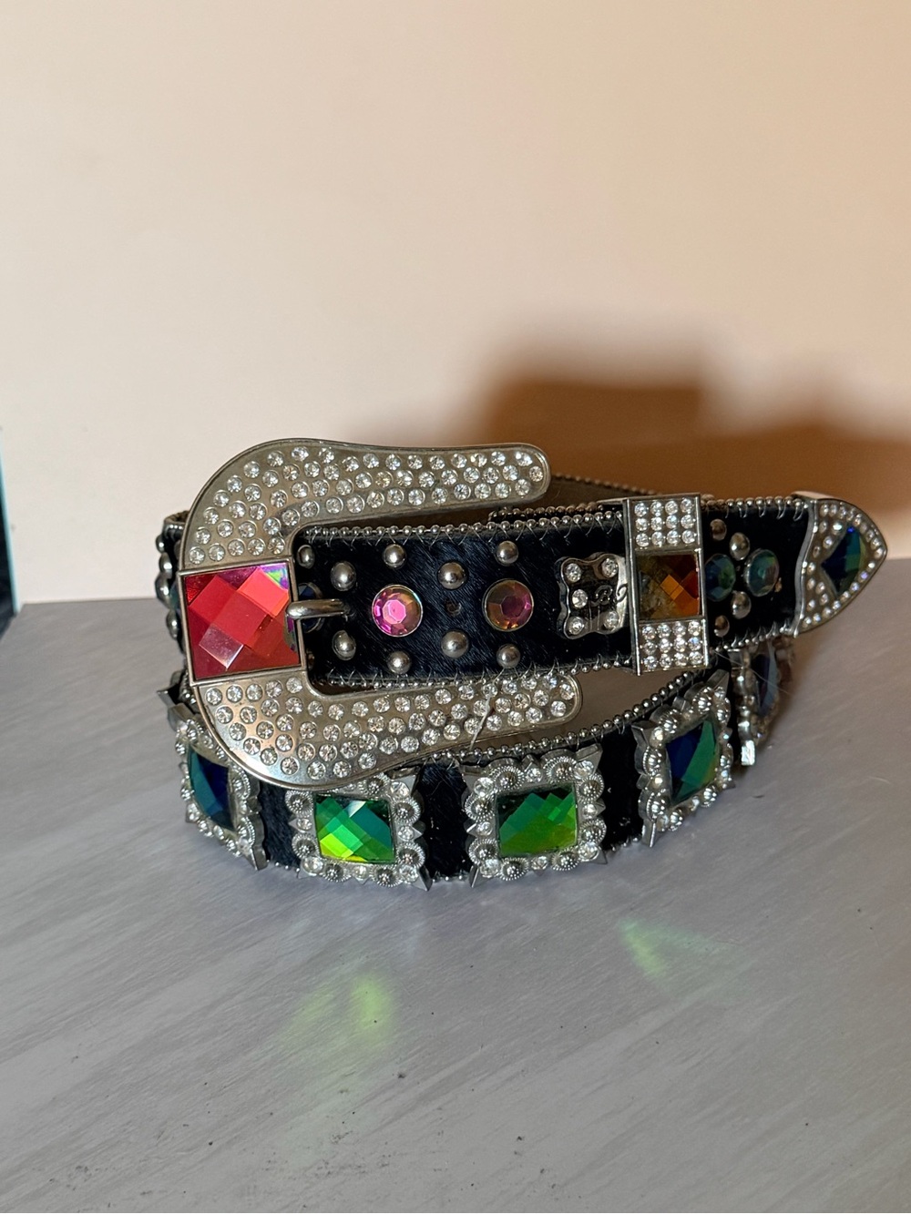 Black Cowhide Jeweled Western Belt with Rainbow Multicolor Gems sz large